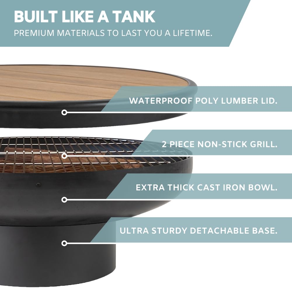 DENKOE 32 Inch Cast Iron, Round Fire Pit Table | Fire Pit Bowl with Fire Pit Grill