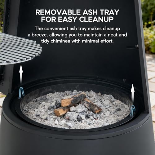 SUNJOY 2-in-1 Chiminea Fire Pit & Grill, 57" Tall Outdoor Fireplace with Removable Stainless Steel Grill Grate, Spark Screen & PVC Cover for Patio, Backyard, Cooking - Black