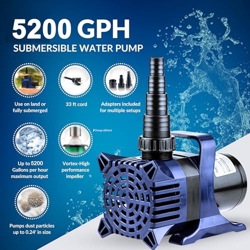 Alpine Corporation PAL5200 | 5200 GPH Submersible Water Pump with 33-ft Cord — Quiet 426W Motor, 25-ft Lift — Multi-Angle Flow for Ponds, Waterfalls & Fountains — Durable & Efficient (Blue)