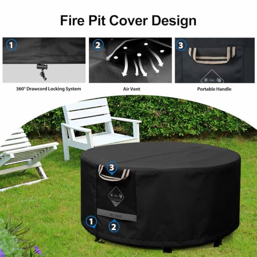QH.HOME Fire Pit Cover Round 36", 600D Heavy Duty Fabric 100% Waterproof