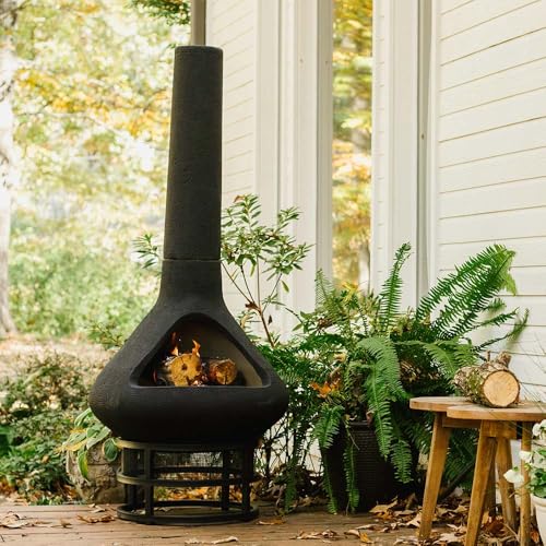 Ash & Ember Ceramic Chiminea Fire Pit with Stand, Smoke-Reducing Chimney, Semi-Enclosed Outdoor Fireplace for Backyard Patio or Deck, Cooking Grate and 18" Stand Included