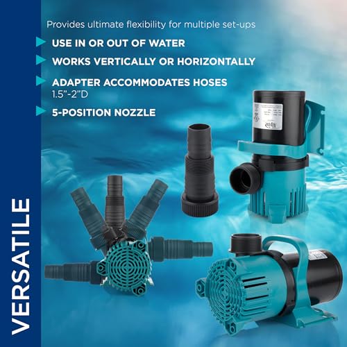 Alpine Corporation 5600 GPH Vortex Submersible Water Pump 20 Ft Cord for Ponds, Fountains and Water Circulations, Quiet Operation Vertical/Horizontal, 22.5 Ft Lift 324 Watts, Black/Teal