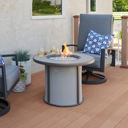 Outdoor GreatRoom Co Propane Fire Pit Table - Stonefire Gas Fire Pits for Outside Patio - 31" Round Composite Firepit Fire Table, Matching Tabletop Cover, Aluminum Frame Mesh Base, 55,000 BTU - Grey