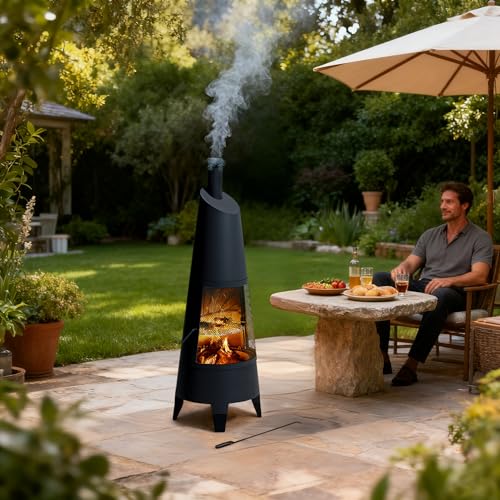 SUNJOY 2-in-1 Chiminea Fire Pit & Grill, 57" Tall Outdoor Fireplace with Removable Stainless Steel Grill Grate, Spark Screen & PVC Cover for Patio, Backyard, Cooking - Black