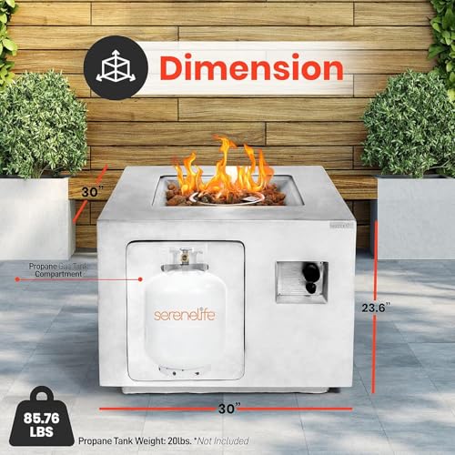 SereneLife Outdoor Propane Fire Pit Table - CSA/ETL Certified Safe 40,000BTU Pulse Ignition Weatherproof Square Propane Gas Fire Table - Adjustable Flame, Thermocouple - PVC Cover, Lava Rock, SLFPCN42
