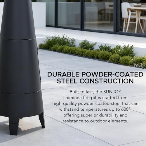 SUNJOY 2-in-1 Chiminea Fire Pit & Grill, 57" Tall Outdoor Fireplace with Removable Stainless Steel Grill Grate, Spark Screen & PVC Cover for Patio, Backyard, Cooking - Black