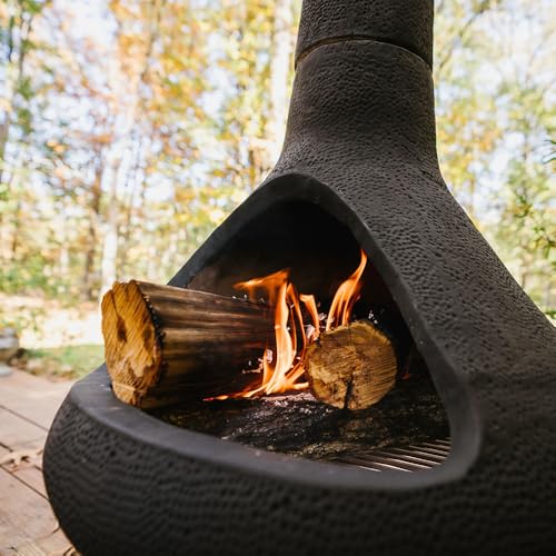 Ash & Ember Ceramic Chiminea Fire Pit with Stand, Smoke-Reducing Chimney, Semi-Enclosed Outdoor Fireplace for Backyard Patio or Deck, Cooking Grate and 18" Stand Included