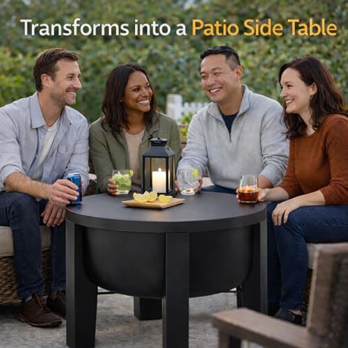 Fire Chief Wood Burning Fire Pit with Tabletop Lid – Modern Outdoor Metal Fire Pit for Patio & Backyard – Premium Heavy Duty Fire Pit Bowl with Multi-Use Side Table (Modern Bowl)