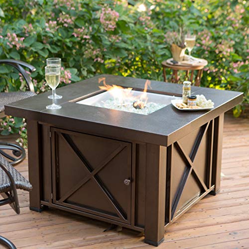 Hiland 38'' Square Propane Fire Pit Table w/Lid, Fireglass Included, Regulator and Hose, 40,000 BTU, Decorative Crossbars, Bronze