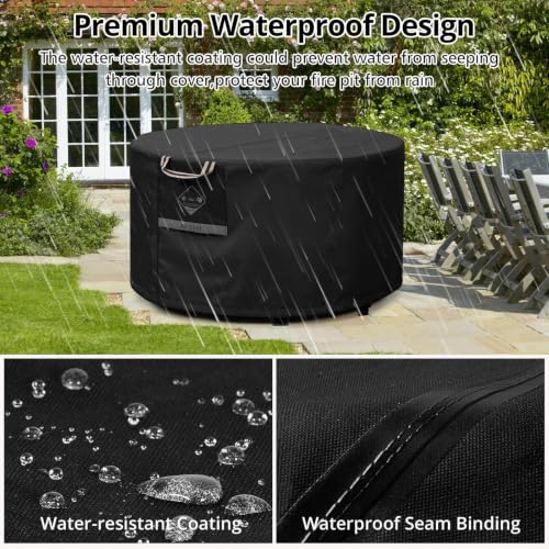 QH.HOME Fire Pit Cover Round 36", 600D Heavy Duty Fabric 100% Waterproof