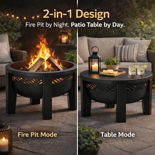 Fire Chief Wood Burning Fire Pit with Tabletop Lid, 26 Inch Outdoor Fire Pit Table for Patio, Deck and Backyard, Heavy Duty Steel Bowl Converts to Side Table, Black (Decorative Bowl)