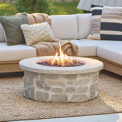 Real Flame Scottsdale 40” Round Stone Propane Fire Pit Table, 50000 BTU Outdoor Gas Fireplace for Outside Patio Backyard Deck and Garden, Includes Storage Cover, lid and Lava Rock Filler