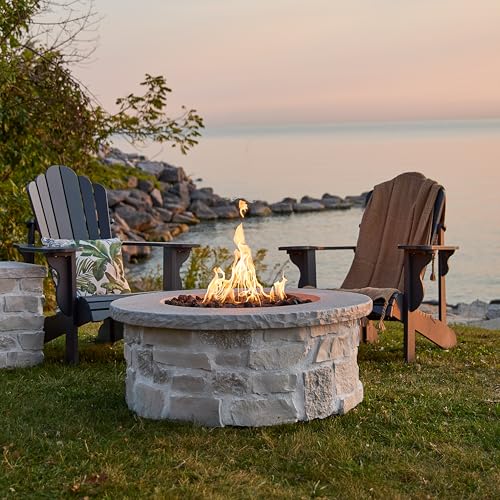 Real Flame Scottsdale 40” Round Stone Propane Fire Pit Table, 50000 BTU Outdoor Gas Fireplace for Outside Patio Backyard Deck and Garden, Includes Storage Cover, lid and Lava Rock Filler