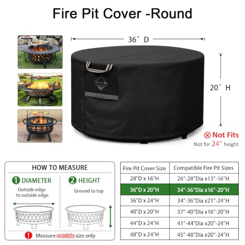 QH.HOME Fire Pit Cover Round 36", 600D Heavy Duty Fabric 100% Waterproof