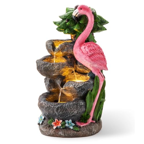 Glitzhome Outdoor Water Fountain, 4-Tiered Flamingo Outdoor Fountain with Lights, 23.5" H Polyresin Decorative Waterfall Feature Garden Fountain with Pump for Garden, Patio, Yard, Deck, Porch Decor