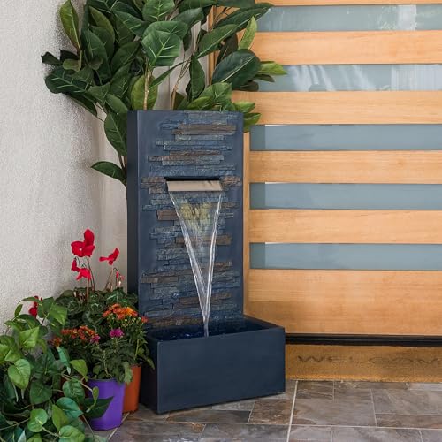 Alpine Corporation 32" Cascading Stone Wall Fountain with LED Lights – Outdoor Water Feature for Garden, Patio, Backyard & Home Decor, Gray