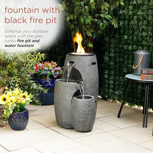 Alpine Corporation WTO120 Outdoor Cascading Look 3 Tiered Fire and Water Fountain with Adjustable Flame and LED Lights, 27" Tall, Gray