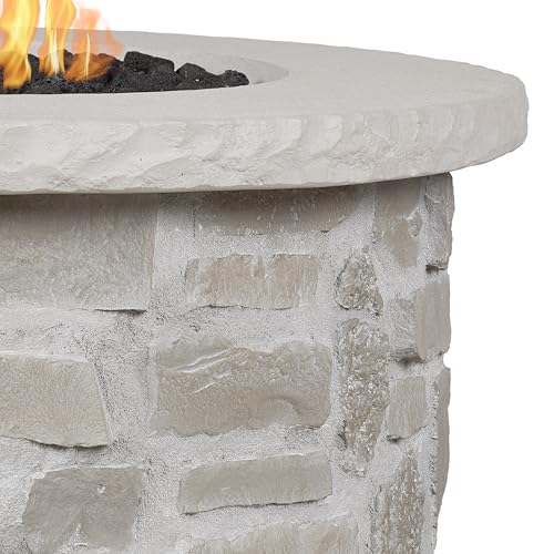 Real Flame Scottsdale 40” Round Stone Propane Fire Pit Table, 50000 BTU Outdoor Gas Fireplace for Outside Patio Backyard Deck and Garden, Includes Storage Cover, lid and Lava Rock Filler
