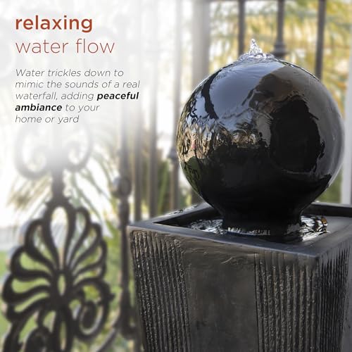 Alpine Corporation GIL786 Outdoor Floor Modern Sphere and Pedestal Soothing Waterfall Fountain for Garden 33", Black