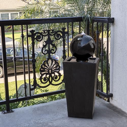 Alpine Corporation GIL786 Outdoor Floor Modern Sphere and Pedestal Soothing Waterfall Fountain for Garden 33", Black