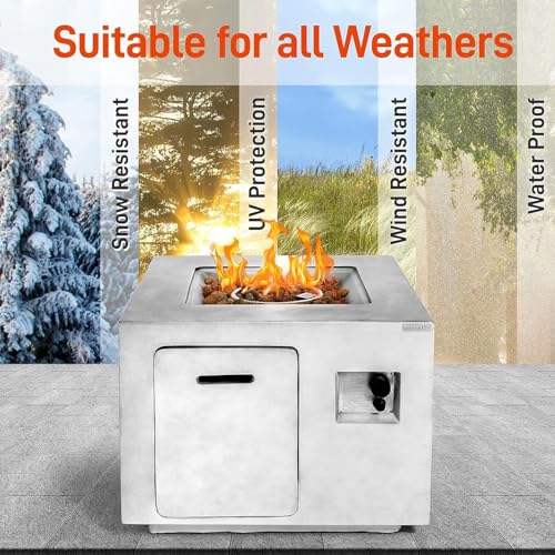 SereneLife Outdoor Propane Fire Pit Table - CSA/ETL Certified Safe 40,000BTU Pulse Ignition Weatherproof Square Propane Gas Fire Table - Adjustable Flame, Thermocouple - PVC Cover, Lava Rock, SLFPCN42