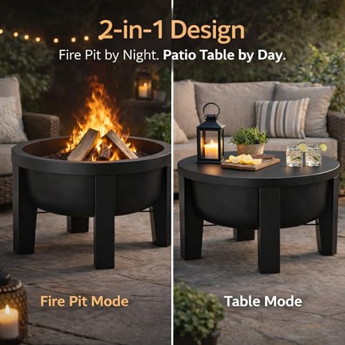Fire Chief Wood Burning Fire Pit with Tabletop Lid – Modern Outdoor Metal Fire Pit for Patio & Backyard – Premium Heavy Duty Fire Pit Bowl with Multi-Use Side Table (Modern Bowl)
