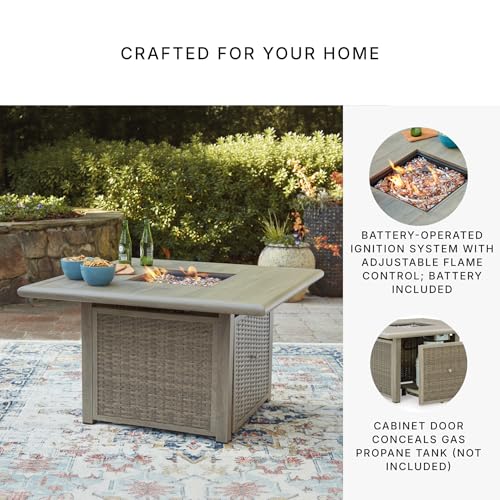 Signature Design by Ashley Haven Retreat Casual Weather Resistant Outdoor Fire Pit Table with 50,000 BTU Burner, Beige