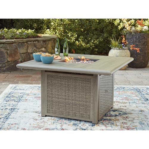 Signature Design by Ashley Haven Retreat Casual Weather Resistant Outdoor Fire Pit Table with 50,000 BTU Burner, Beige