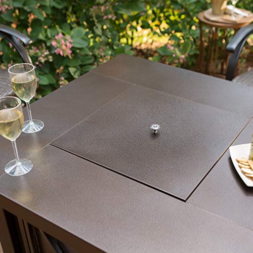Hiland 38'' Square Propane Fire Pit Table w/Lid, Fireglass Included, Regulator and Hose, 40,000 BTU, Decorative Crossbars, Bronze