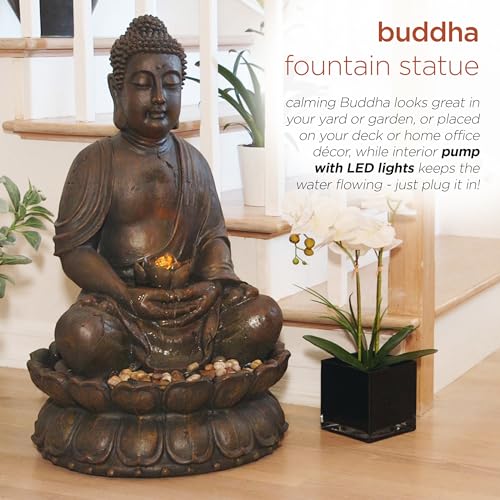 Alpine Corporation GEM122 Outdoor Floor Meditating Soothing Buddha Statue Waterfall Fountain for Garden, 33", Bronze