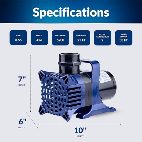 Alpine Corporation PAL5200 | 5200 GPH Submersible Water Pump with 33-ft Cord — Quiet 426W Motor, 25-ft Lift — Multi-Angle Flow for Ponds, Waterfalls & Fountains — Durable & Efficient (Blue)