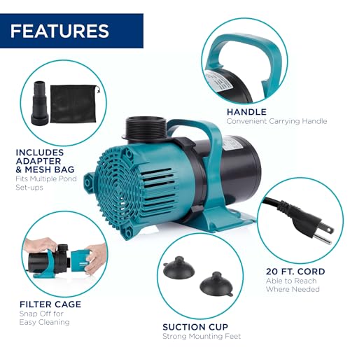 Alpine Corporation 5600 GPH Vortex Submersible Water Pump 20 Ft Cord for Ponds, Fountains and Water Circulations, Quiet Operation Vertical/Horizontal, 22.5 Ft Lift 324 Watts, Black/Teal