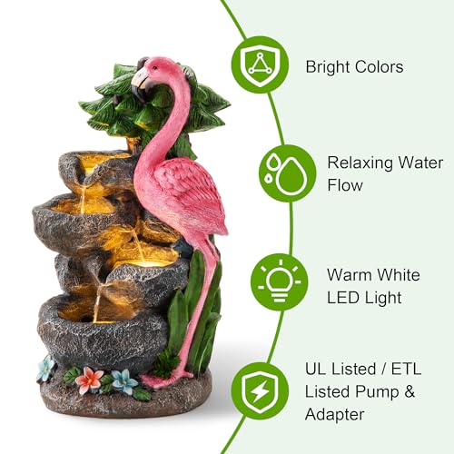 Glitzhome Outdoor Water Fountain, 4-Tiered Flamingo Outdoor Fountain with Lights, 23.5" H Polyresin Decorative Waterfall Feature Garden Fountain with Pump for Garden, Patio, Yard, Deck, Porch Decor