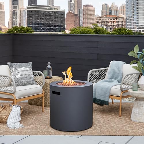 Real Flame Aegean 24" Round Propane Gas Fire Pit Table with Hidden Tank, 50,000 BTU, Powder-Coated Steel, Push-Button Ignition, Lava Rock, Storage Cover, Stainless Steel Burner with Lid - Wthrd Slate