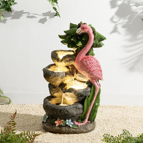 Glitzhome Outdoor Water Fountain, 4-Tiered Flamingo Outdoor Fountain with Lights, 23.5" H Polyresin Decorative Waterfall Feature Garden Fountain with Pump for Garden, Patio, Yard, Deck, Porch Decor