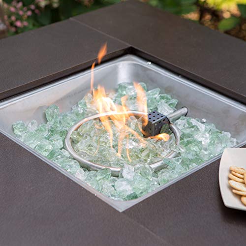 Hiland 38'' Square Propane Fire Pit Table w/Lid, Fireglass Included, Regulator and Hose, 40,000 BTU, Decorative Crossbars, Bronze