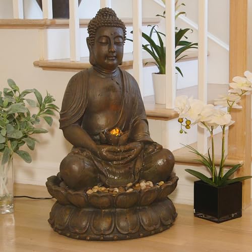 Alpine Corporation GEM122 Outdoor Floor Meditating Soothing Buddha Statue Waterfall Fountain for Garden, 33", Bronze