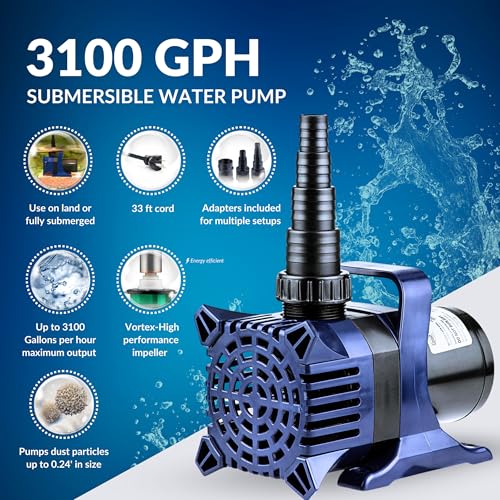 Alpine Corporation PAL3100 | 3100 GPH Submersible Water Pump with 33-ft Cord — Quiet 276W Motor, 21.5-ft Lift — Multi-Angle Flow for Ponds, Waterfalls & Fountains — Durable & Efficient