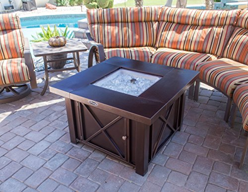 Hiland 38'' Square Propane Fire Pit Table w/Lid, Fireglass Included, Regulator and Hose, 40,000 BTU, Decorative Crossbars, Bronze