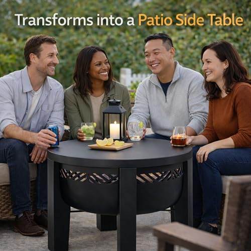 Fire Chief Wood Burning Fire Pit with Tabletop Lid, 26 Inch Outdoor Fire Pit Table for Patio, Deck and Backyard, Heavy Duty Steel Bowl Converts to Side Table, Black (Decorative Bowl)