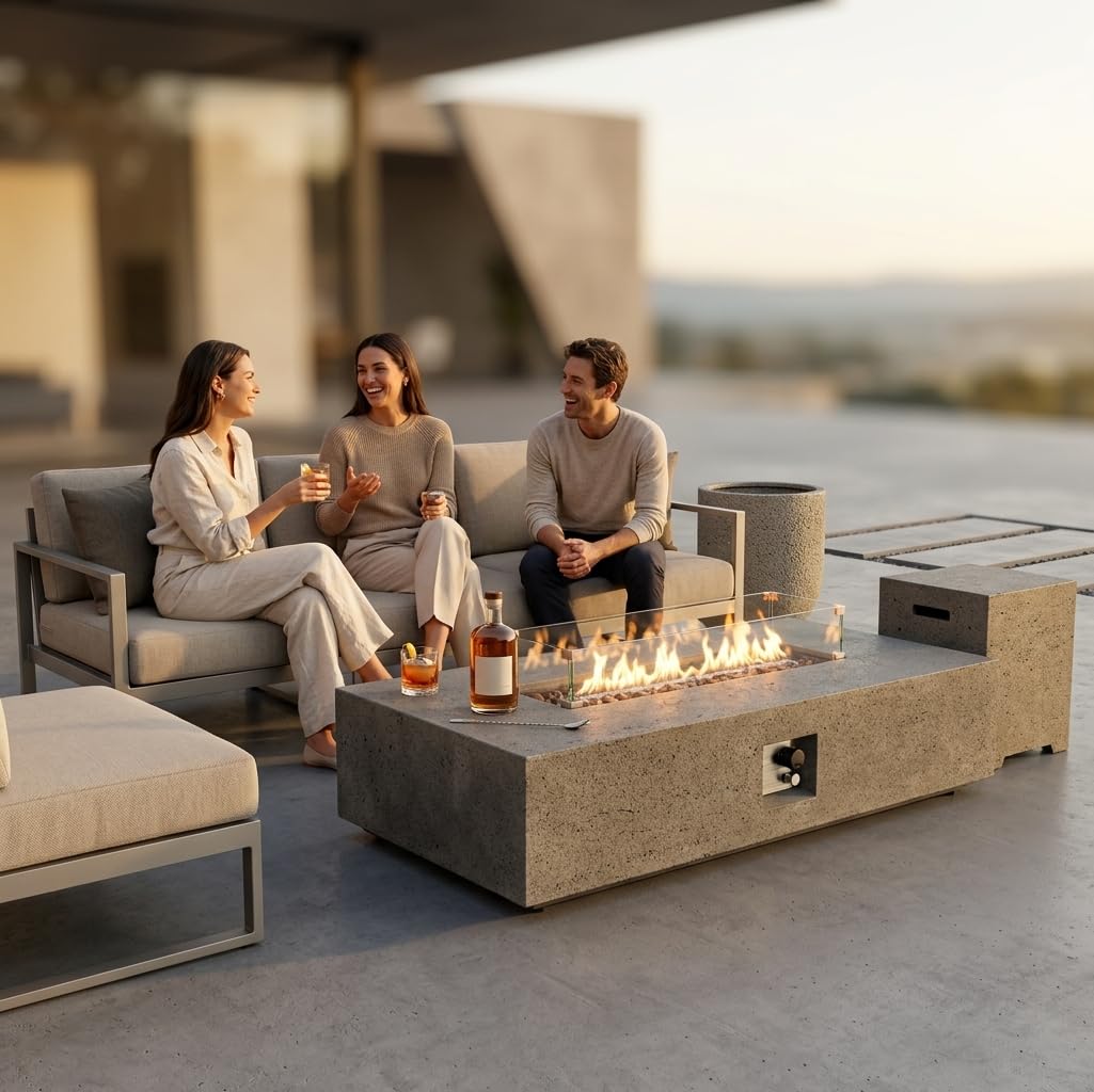 LumeVale 56-inch Rectangle Propane Gas Fire Pit Table, 50,000BTU Outdoor Patio Heater with Stainless Steel Burner Fire Pit for Backyard, Porch, and Garden (Grey, Fire Pit with Wind Guard&Tank)