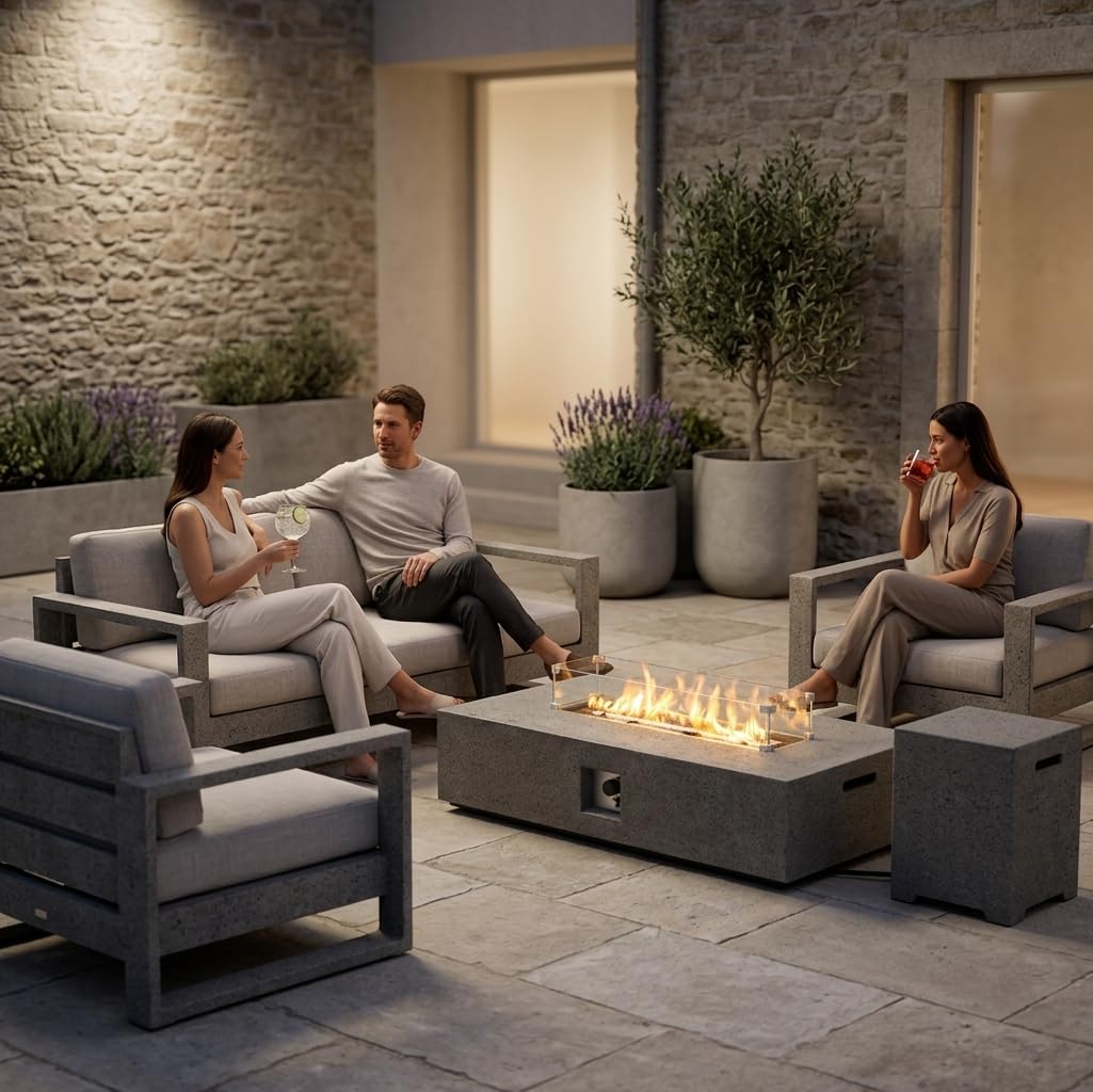 LumeVale 56-inch Rectangle Propane Gas Fire Pit Table, 50,000BTU Outdoor Patio Heater with Stainless Steel Burner Fire Pit for Backyard, Porch, and Garden (Grey, Fire Pit with Wind Guard&Tank)