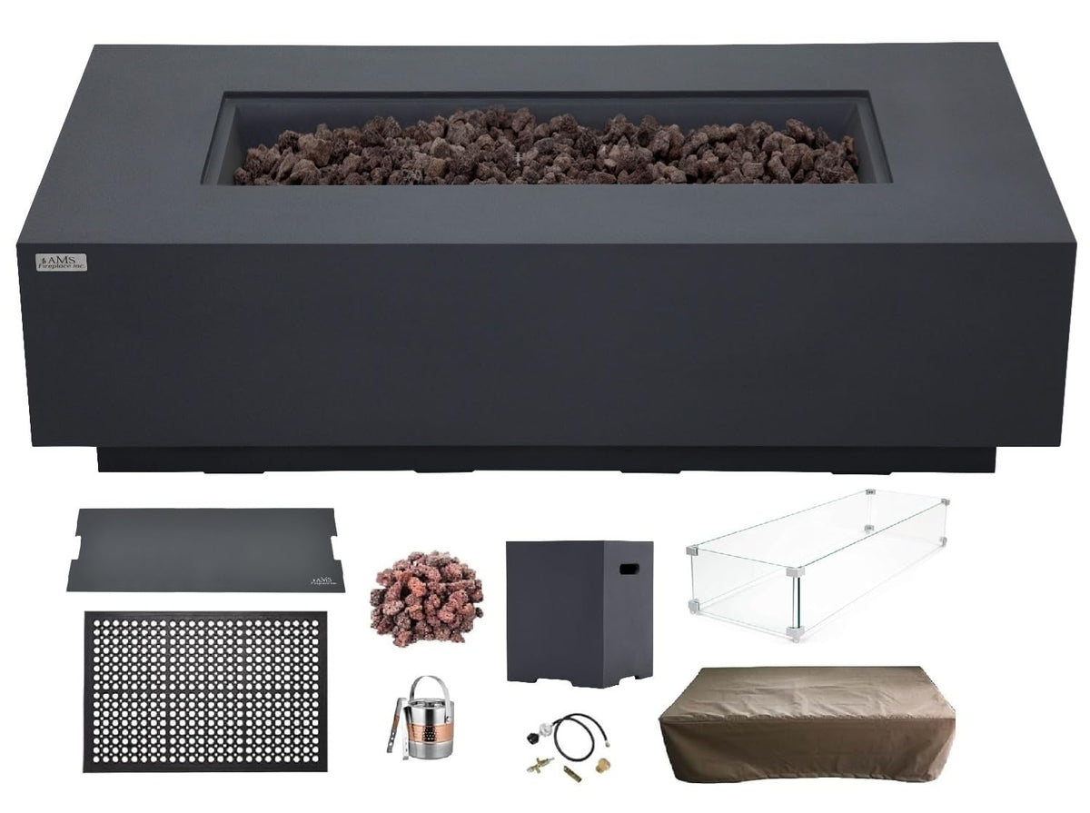 AMS Creations | Madison 60" Bundle Rectangular Propane Gas Outdoor Fire Pit Table | Dark Gray Concrete GFRC | Smooth Texture or Surface | Electronic Ignition | Outside Backyard Fireplace