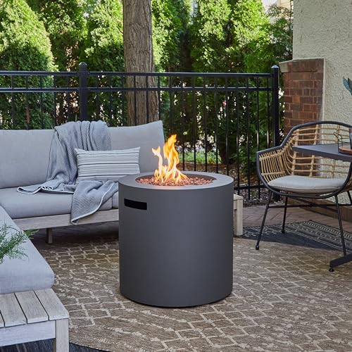Real Flame Aegean 24" Round Propane Gas Fire Pit Table with Hidden Tank, 50,000 BTU, Powder-Coated Steel, Push-Button Ignition, Lava Rock, Storage Cover, Stainless Steel Burner with Lid - Wthrd Slate