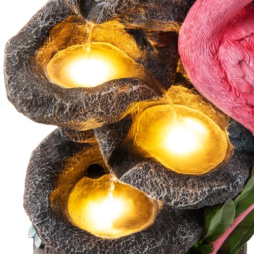 Glitzhome Outdoor Water Fountain, 4-Tiered Flamingo Outdoor Fountain with Lights, 23.5" H Polyresin Decorative Waterfall Feature Garden Fountain with Pump for Garden, Patio, Yard, Deck, Porch Decor