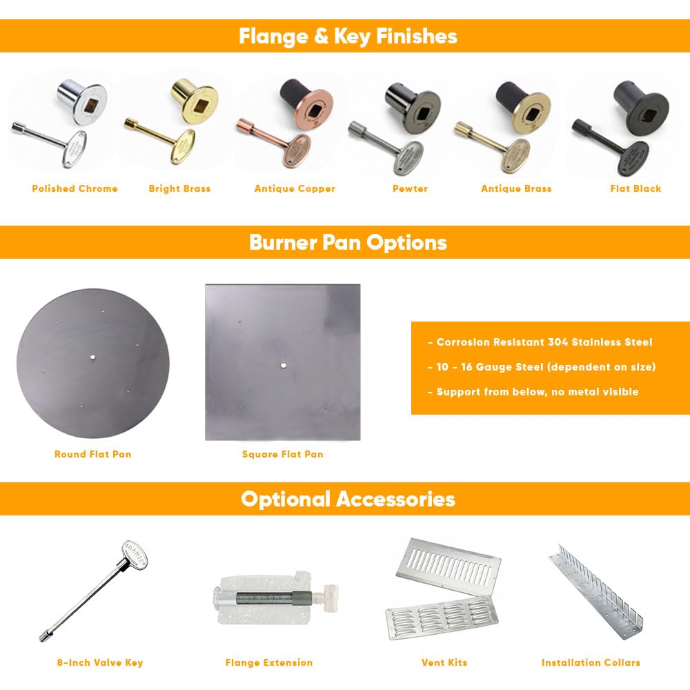 Spotix AFG Match Lit Fire Pit Burner Kit (SS-FR-30KIT-PAN-NG-MSCB), Round, 30-Inch Burner, 36-Inch Flat Pan, Natural Gas, Polished Chrome, with Flange, Key, Valve, Flex Line and Fittings