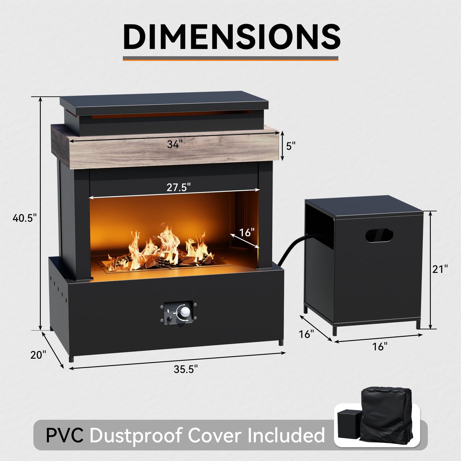 Gardenbee 35'' Outdoor Propane Fireplace with Tank Storage, 50,000 BTU Outdoor Gas Fire Pit with CSA Certified, Adjustable Flame, Dust Cover, Smokeless Ceramic Wood for Patio, Garden, Deck, Gray/Tan