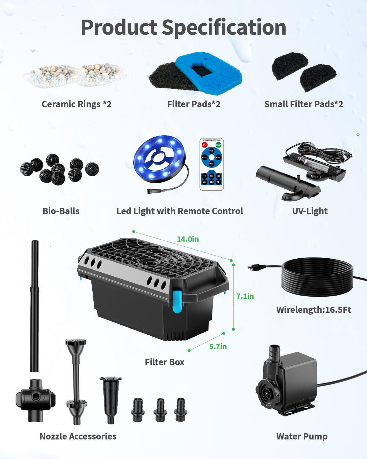 POPOSOAP Pond Filter with U-V Clarifier, 660GPH 40W Pond Pump and Filter Kit with RGB LED Lights, All-in-One Pond Fountain for Outdoor Ponds Up to 1300 Gallons P2360