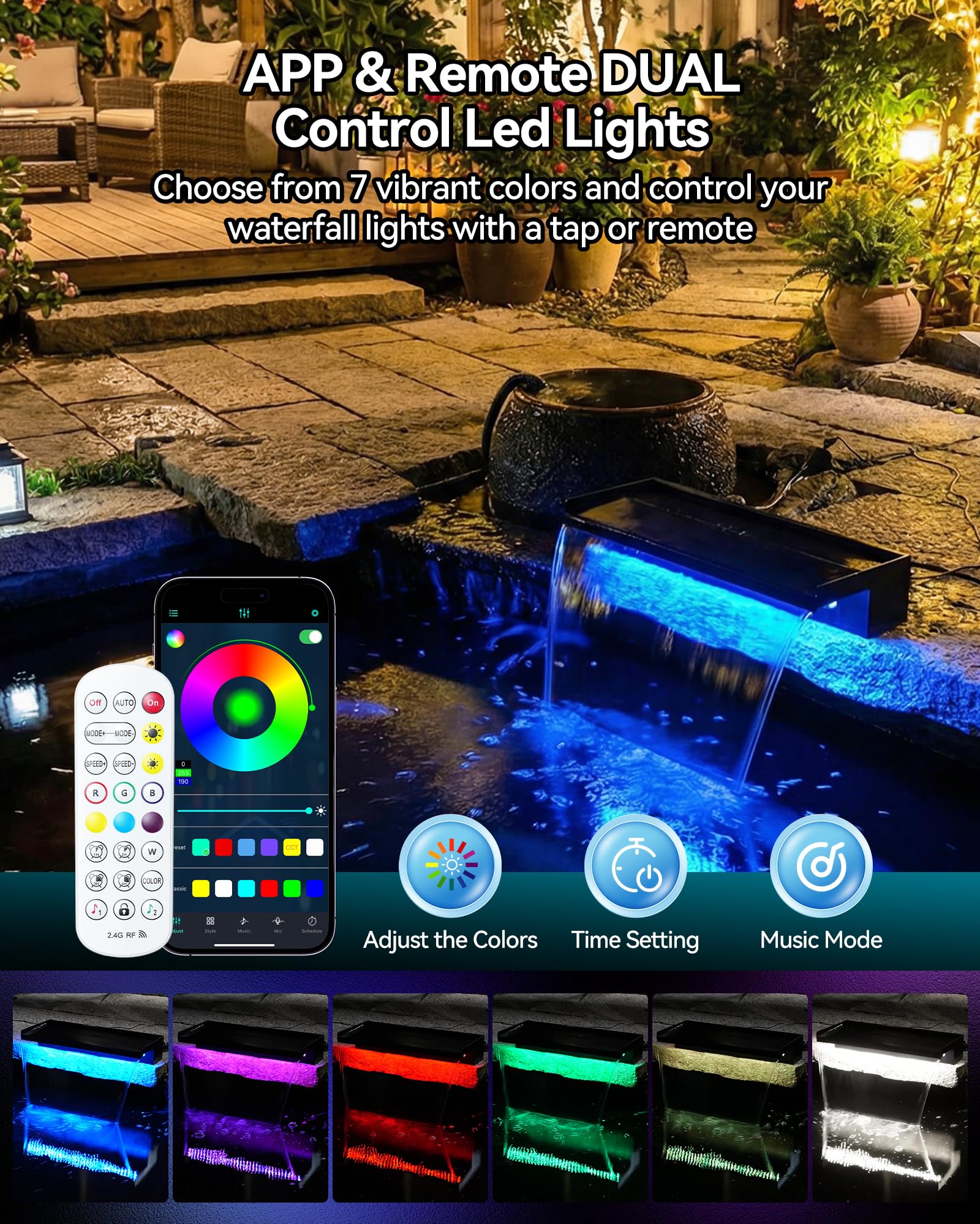 POPOSOAP Pond Waterfall Kit with Colorful LED Lights & 1200GPH Pond Pump, APP & Remote Control, Auto Timer, Pond Waterfall Spillway with 9.8FT Corrugated Tube for Pool, Garden, Patio, Backyard-P46D