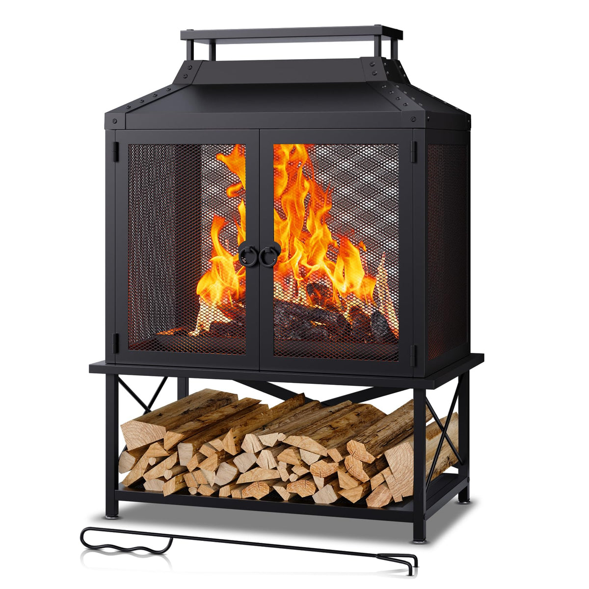 VELUVIA Metal Outdoor Fireplace for Patio - 39" H Square Chiminea Fire Pits Outside Wood Burning with Grill, Mesh Spark Screen &amp; Fire Poker, for Garden, Backyard, Party, Camping, Picnic, BBQ, Bonfire